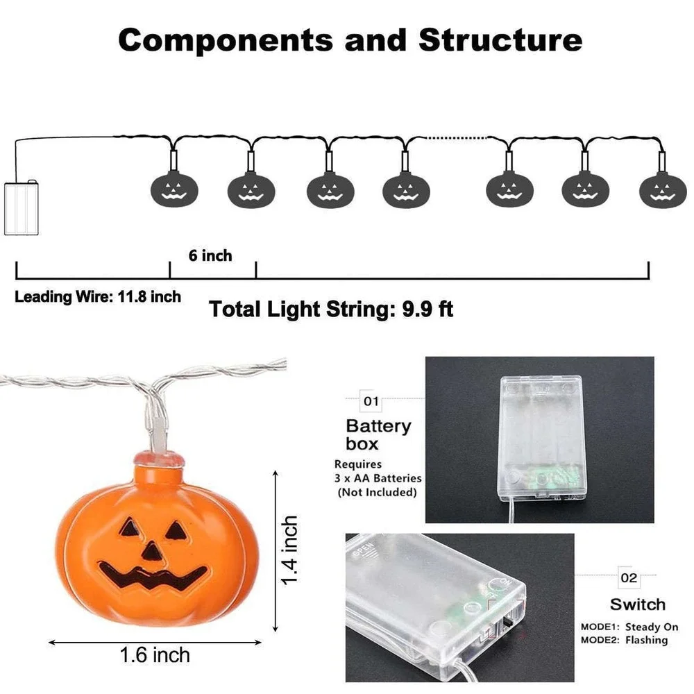 20 LED Halloween Pumpkin String Lights Battery Operated‎ Party Home Decor